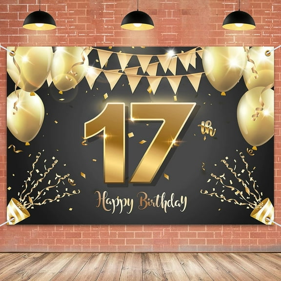 Happy 17th Birthday Banner Backdrop - 17 Years Old Birthday Decorations Party Supplies for Girls Boys - Black Gold