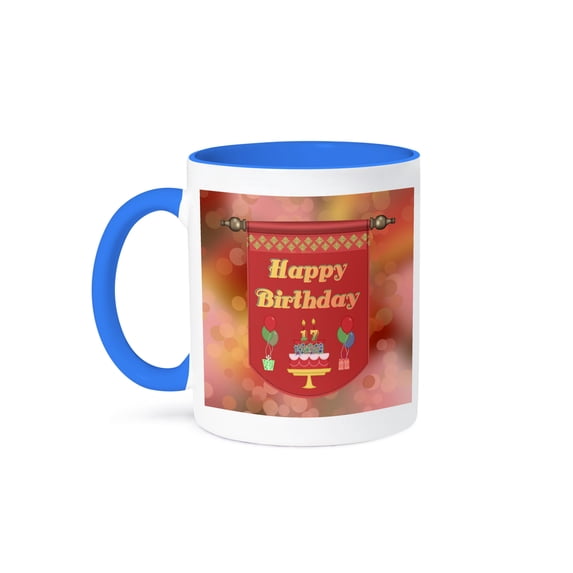3dRose, Happy 17th Birthday Banner, Cake with Gifts and Balloons, 11oz Two-Tone Blue Mug