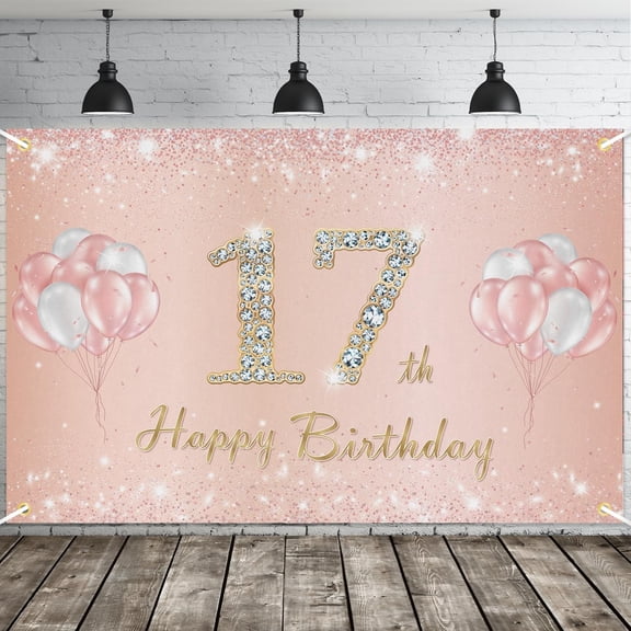 Happy 17th Birthday Banner, Pink Rose Gold Happy 17th Birthday Party Decorations for Girls, 17 Year Old Birthday Supplies Backdrop Décor