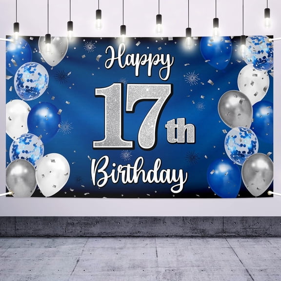Happy 17th Birthday Decorations,17th Blue & Silver Balloon Large Birthday Banner Backdrop