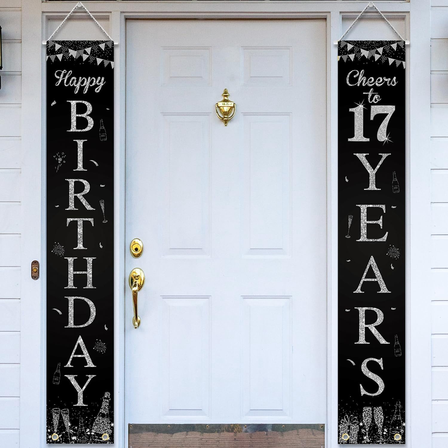Happy 17th Birthday Door Banner Porch Sign Silver Black, Cheers to 17 ...