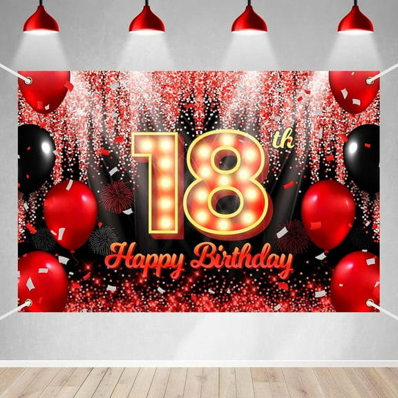 Happy 18th Birthday Backdrop Banner Black and Red Theme Background with Neon Shiny Fashion Birthday Party Photo Photography Prop Booth Background for Men Women Celebration