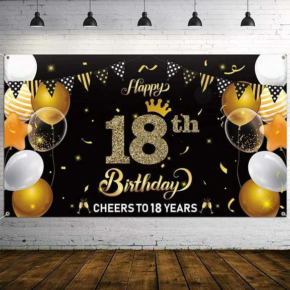 Happy 18th Birthday Backdrop Banner Cheers to 18 Years Background Banners Backdrops Balloons Black Gold Party Decorations Supplies