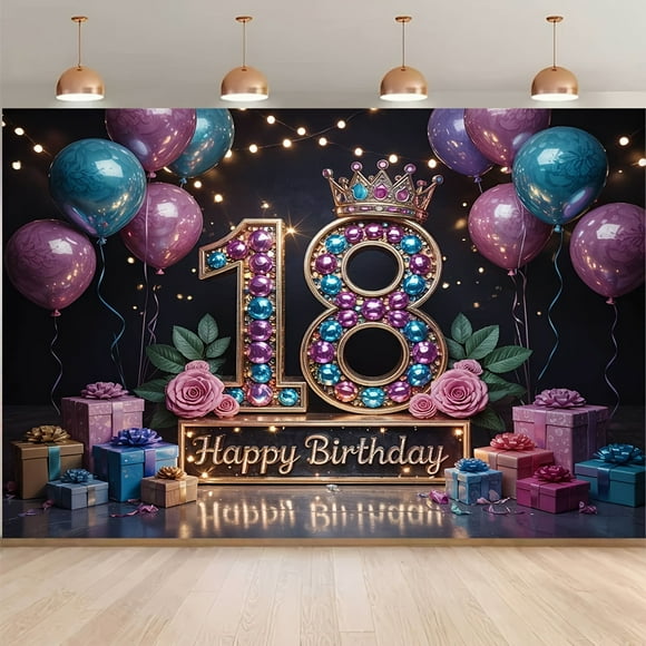 Happy 18th Birthday Backdrop Purple Teal Balloons 18 Years Old Birthday Background Golden Glitter Crown Rose Diamond Eighteenth Years Old Birthday Party Decorations Banner Photo Booth Props