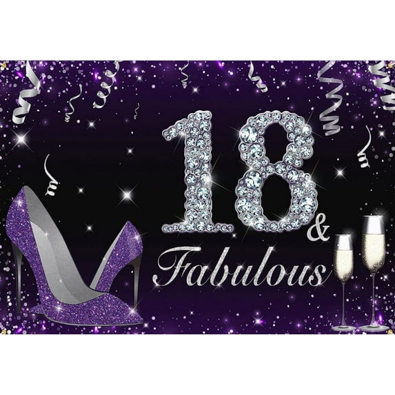 Happy 18th Birthday Banner Backdrop 18 & Fabulous Heels Birthday rations Party Supplies for Purple