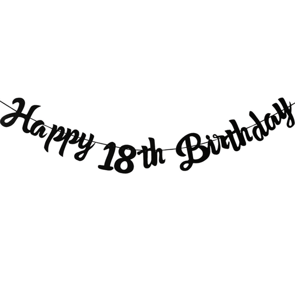 Happy 18th Birthday Banner, Black Glitter Script, Party Decoration, Hanging Garland