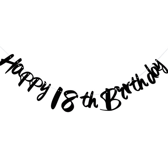 Happy 18th Birthday Banner, Black, Party Decoration, Cursive Script Style