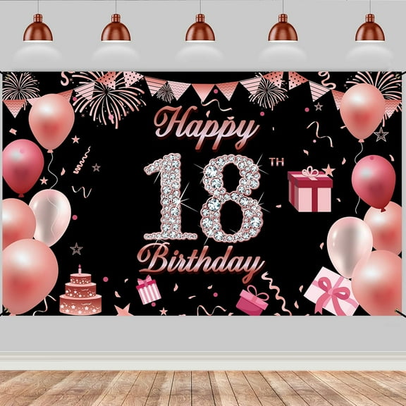 Happy 18th Birthday Banner Black and Rose Gold 18th Birthday Party Decorations for Girls Boys Cheers to 18 Years Birthday Balloons Background Backdrop Banners