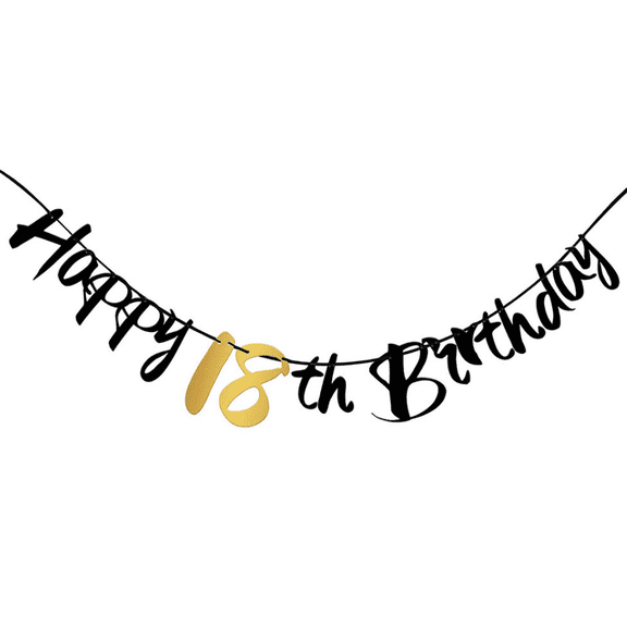 Happy 18th Birthday Banner, Black and Gold, Party Decoration, Cursive Script Style