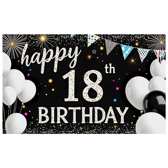 Happy 18th Birthday Banner with Fireworks Balloons and Bunting Background Party Decorations for Birthday Celebrations Party Supplies Photography Props Photo Backdrop Decor