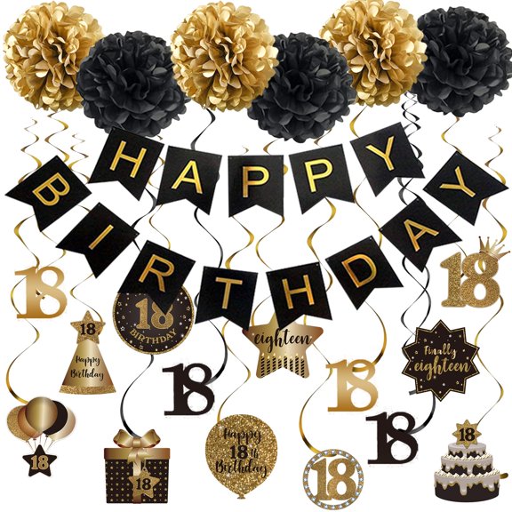 Happy 18th Birthday Party Decor Set with Banner, Tissue Pom Poms & Foil Swirls Black Gold