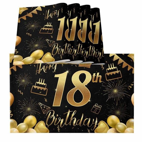 Happy 18th Birthday Placemats for Dinning Table Set of 6, Black Golden Balloon Cake Fireworks Burlap Kitchen Place Mats Waterproof Cloth Table Mats, Indoor Outdoor Placemats Easy Clean Dinner Decor