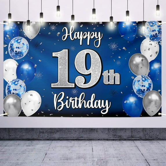 Happy 19th Birthday Decoration Banner,19th Blue & Silver Balloon Large Birthday Banner Backdrop Sign,Cheers to Nineteen Years Old Bday Party Supplies