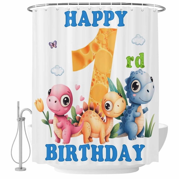 Happy 1rd Birthday Bathroom Shower Curtains with Hooks, Cartoon Pink Yellow Blue Dinosaurs Floral Waterproof Fabric Washable Shower Curtain for Home Hotel Bathtub Decor 60x72 Inch