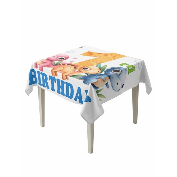 Happy 1rd Birthday Table Cloth, Waterproof Tablecloth for Square Tables, Cartoon Cute Pink Yellow Blue Dinosaurs Floral Reusable Washable Fabric Table Cover for Restaurant Kitchen Dining 60"x60"