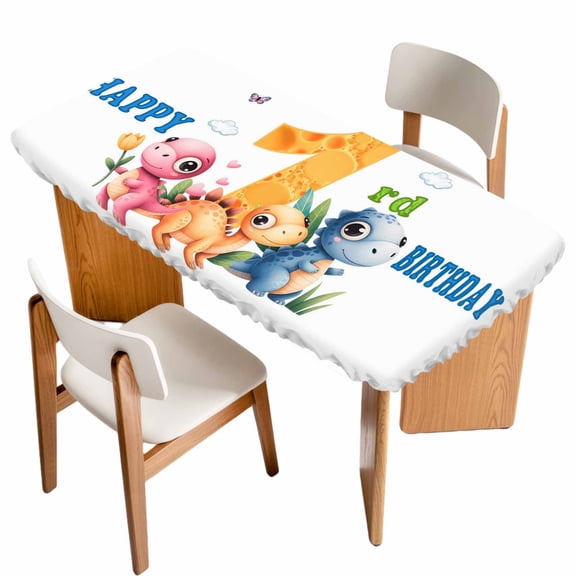 Happy 1rd Birthday Table Cloths for 4 Foot Rectangle Tables, Cartoon Cute Pink Yellow Blue Dinosaurs Floral Patio Waterproof Elastic Fitted Tablecloths, Washable Rectangular Table Cover for Camping