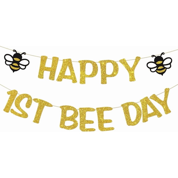 Happy 1st Bee Day Banner, Bee Theme First Birthday Party Supplies Bunting, New Born to 12 Months Boy Girl First Birthday Party Decorations, Gold Glitter