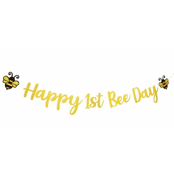 Happy 1st Bee Day Banner, Gold Glitter, Bumble Bee Theme, 1st Birthday Party Decoration