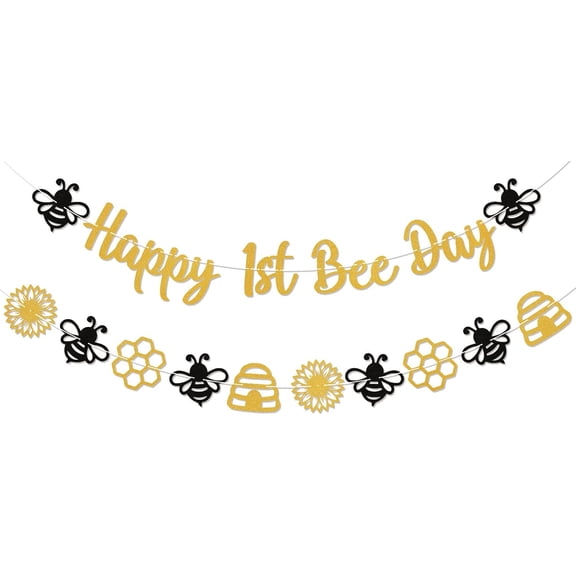 Happy 1st Bee Day Banner - Mommy to Bee Sign, Bumble Honey Theme Baby Shower Decor, Honey 1st Birthday Party Decorations Gold Glitter
