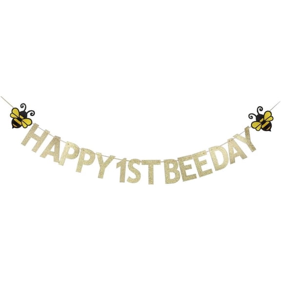 Happy 1st Bee Day Banner, Vintage Gold Glitter 1st Birthday Party Sign Paper Decors Supplies