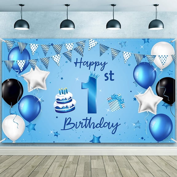 Happy 1st Birthday Backdrop Banner Blue Newborn Boys First Birthday Backdrop Photography Background for 1st Birthday Baby Shower Party Decorations Supplies