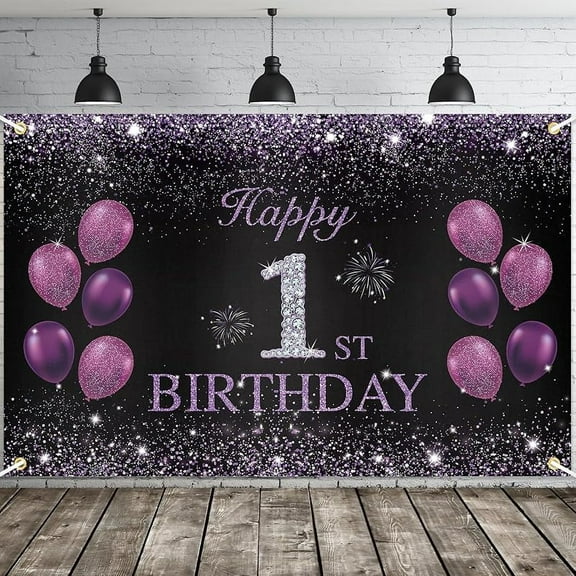 Happy 1st Birthday Banner, Purple Happy 1st Birthday Party Decorations for Girls, 1 Year Birthday Supplies Backdrop Décor, 5.9 X 3.8 Fts