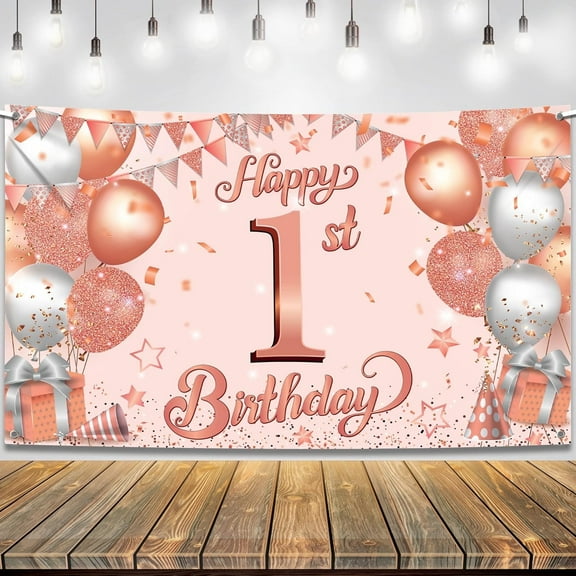 Happy 1st Birthday Banner, Rose Gold Happy First Birthday Banner, 1st Birthday Backdrop, Baby Girls 1st Birthday Decorations, Happy First Birthday Decorations Girl