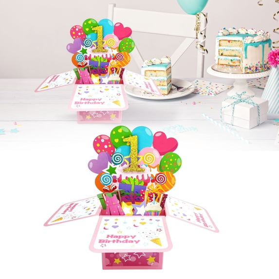 Happy 1st Birthday Card, 3D Pop Up First Birthday Greeting Card for Baby, Daughter, Granddaughther, Niece with 1 Envelop,1 Message Card, A