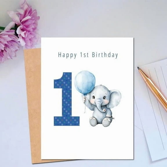 Happy 1st Birthday Card with Cute Elephant Design – Perfect for Baby's First Birthday Celebration – Envelope Included, Blank Inside for Personal Messages