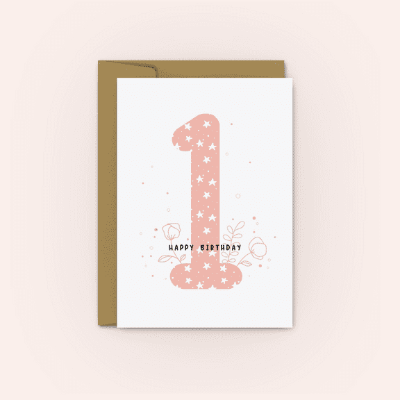 Happy 1st Birthday Card - Cute Pink Number One Design with Stars and Flowers - Envelope Included, Blank Inside for Personalized Messages
