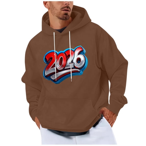 Happy 2026 Hoodies for Men Printed Long Sleeve Drawstring Loose Fit Pullover Sweatshirts Tops with Pocket (4XL, Brown)