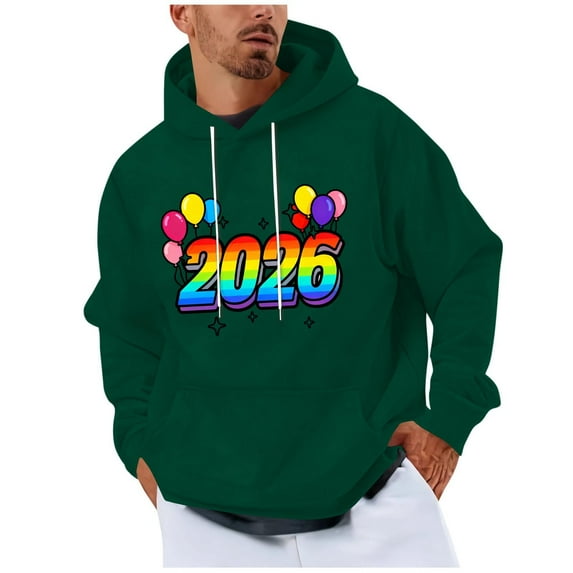Happy 2026 Hoodies for Men Printed Long Sleeve Drawstring Loose Fit Pullover Sweatshirts Tops with Pocket (XL, Army Green)