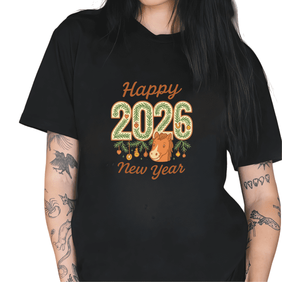 Happy 2026 New Year Horse Print Tshirt Graphic Tees Black Shirts S-5XL Festive Holiday Tops