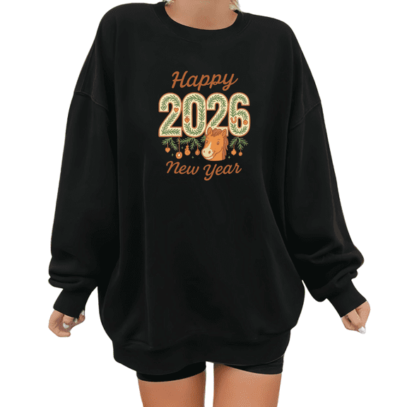 Happy 2026 Print Sweatshirt Graphic Sweatshirt Black S-3XL New Year Tops