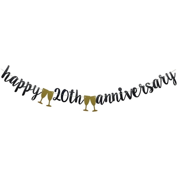 Happy 20TH Anniversary Banner,, Black Paper Glitter Party Decorations For 20TH Wedding Anniversary Party Supplies Letters Black