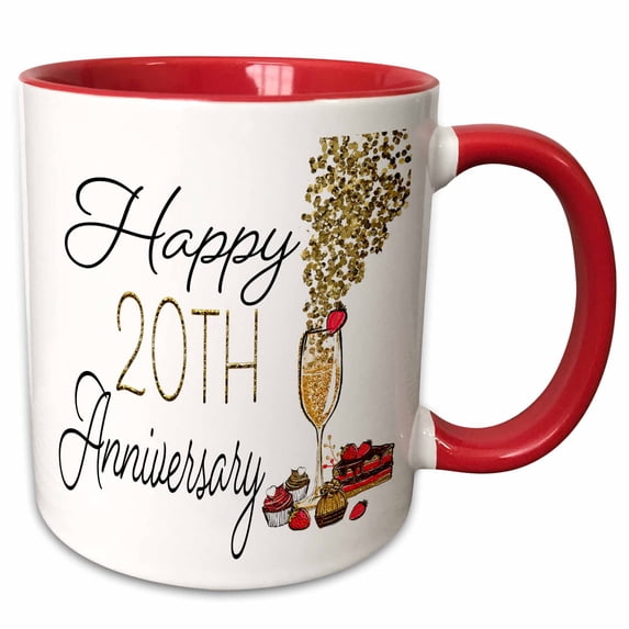 3drose, Happy 20th Anniversary Glass of Champagne and Sweets, 11oz Two-tone Red Mug