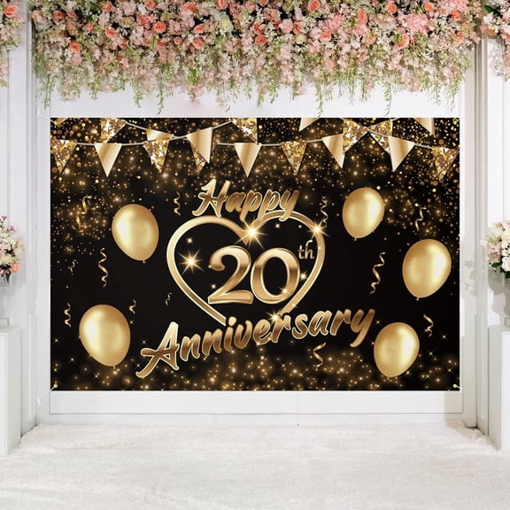 Happy 20th Anniversary Backdrop Banner Decor Black Gold Love Heart Happy 20 Years Wedding Anniversary Party Theme Decorations for Women Men Supplies