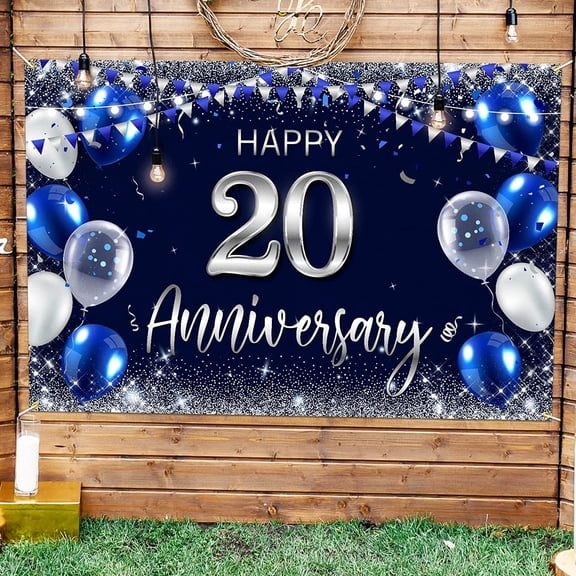 Happy 20th Anniversary Backdrop Banner Decor Blue Silver Happy 20 Years Wedding Anniversary Party Theme Decorations for Women Men Supplies