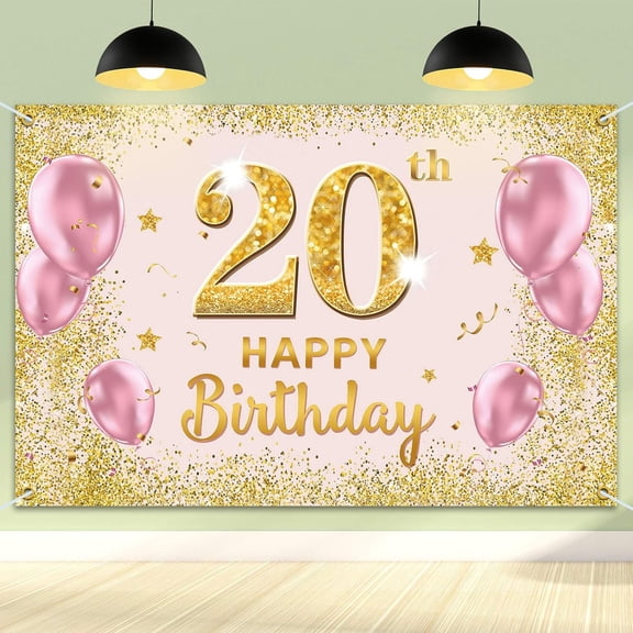 Happy 20th Birthday Backdrop Banner - 20 Birthday Party Decorations Supplies for Women - Gold Pink