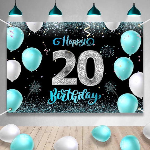 Happy 20th Birthday Backdrop Banner Black and Light Blue Balloon Background Shiny Fashion Birthday Party Photo Photography Prop Booth Background for Men Women Celebration