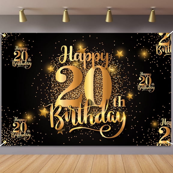 Happy 20th Birthday Backdrop Banner Step and Repeat 20 Years Old Background Decorations for Women Men Her Him Photography Party Supplies Black Gold