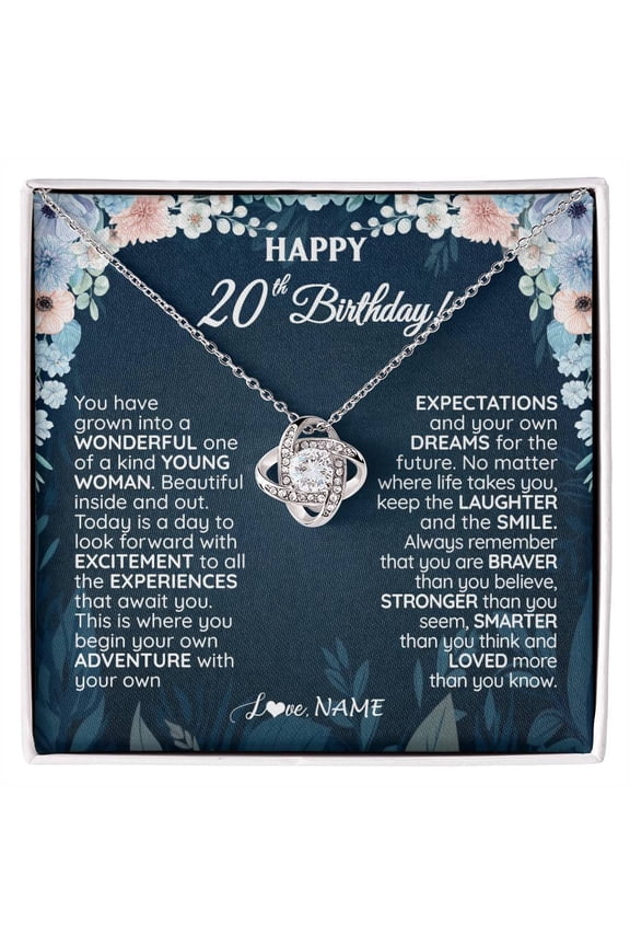 Happy 20th Birthday Necklace, Gold Love Knot Necklace