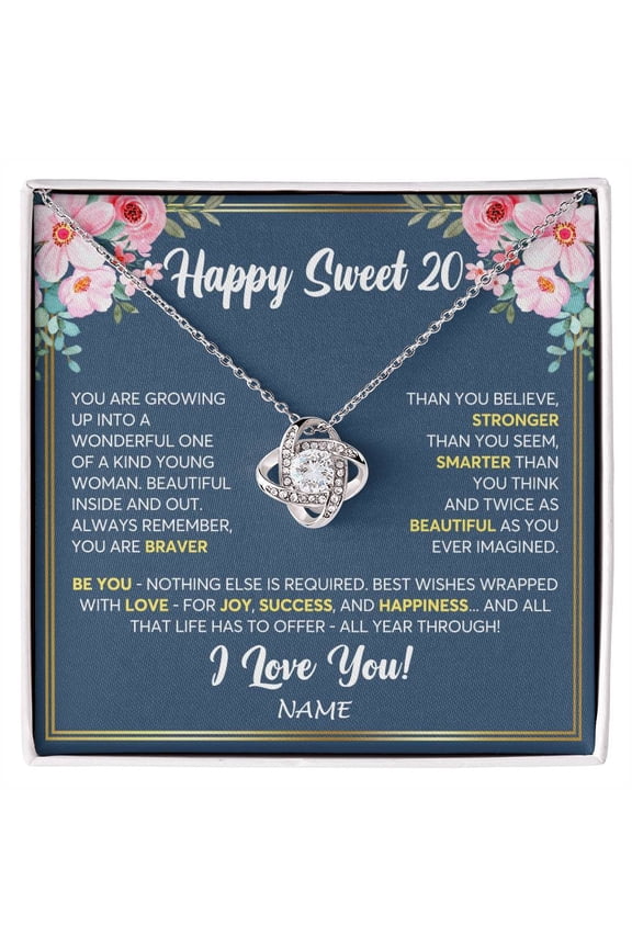 Happy 20th Birthday Necklace, White Love Knot Necklace