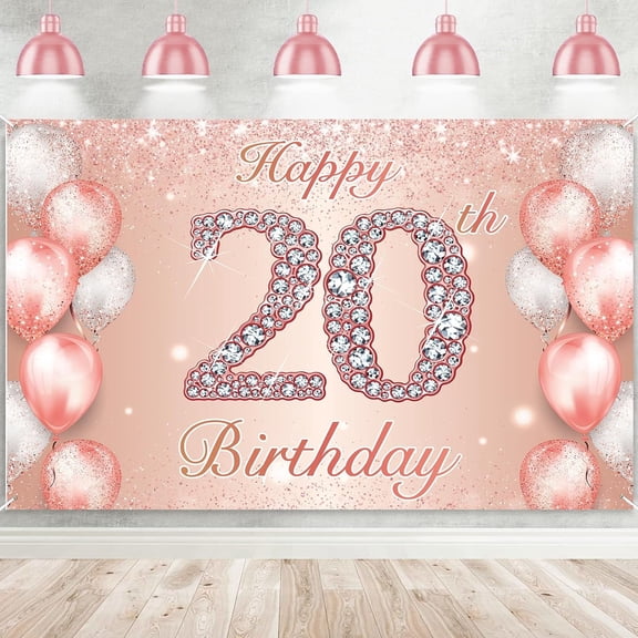 Happy 20th Birthday Rose Gold Banner Cheers to 20 Years Old Backdrop Confetti Balloons Theme Decor for Girls Women 20 Years Old Pink Birthday Party