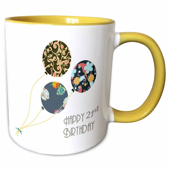 3drose, Happy 21st Birthday - Modern Stylish Floral Balloons. Elegant Black Brown Blue 21 Year Old Bday, 15oz Two-tone Yellow Mug