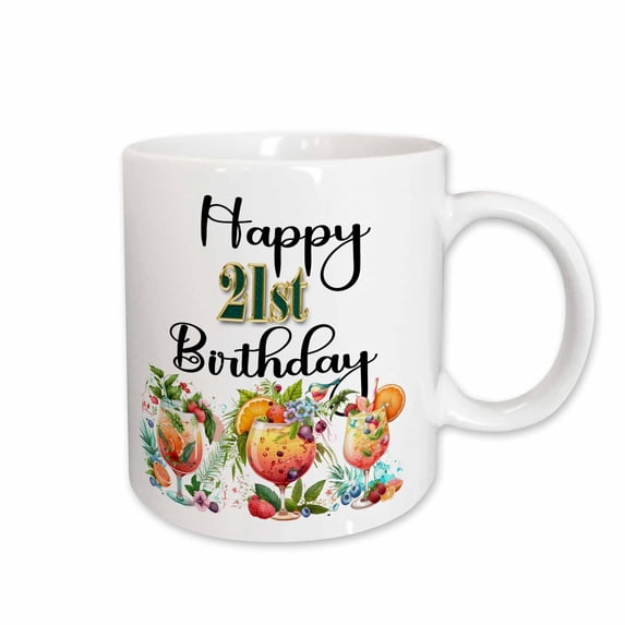 3drose, Happy 21st Birthday with Three Tropical Floral and Fruit Cocktails, 11oz Mug