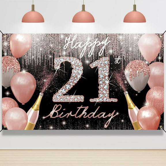 Happy 21st Birthday Backdrop Banner,8x4ft 21st Birthday Decoration for Her Rose Gold, 21 Year Old Birthday Party Yard Sign Photo Booth Props Background Poster, 21 Bday Decor, OdeJous
