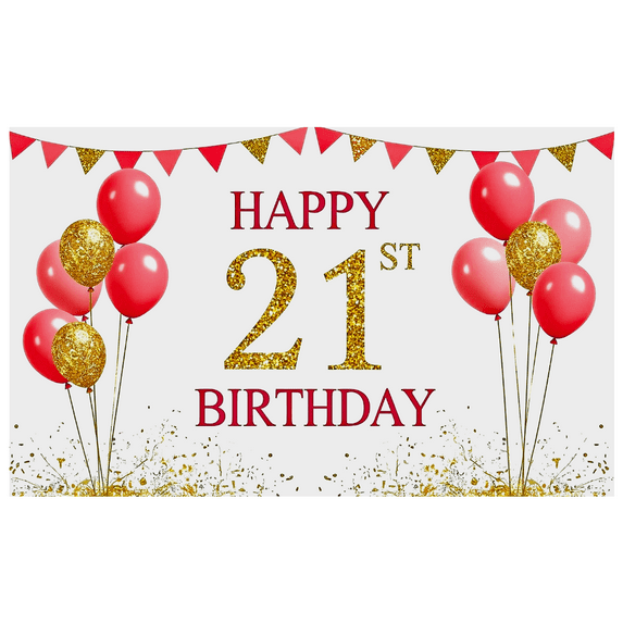 Happy 21st Birthday Banner with Balloons and Bunting Background Party Decoration Photography Prop Backdrop for Birthday Parties Celebrations Photo Booths Decor Events