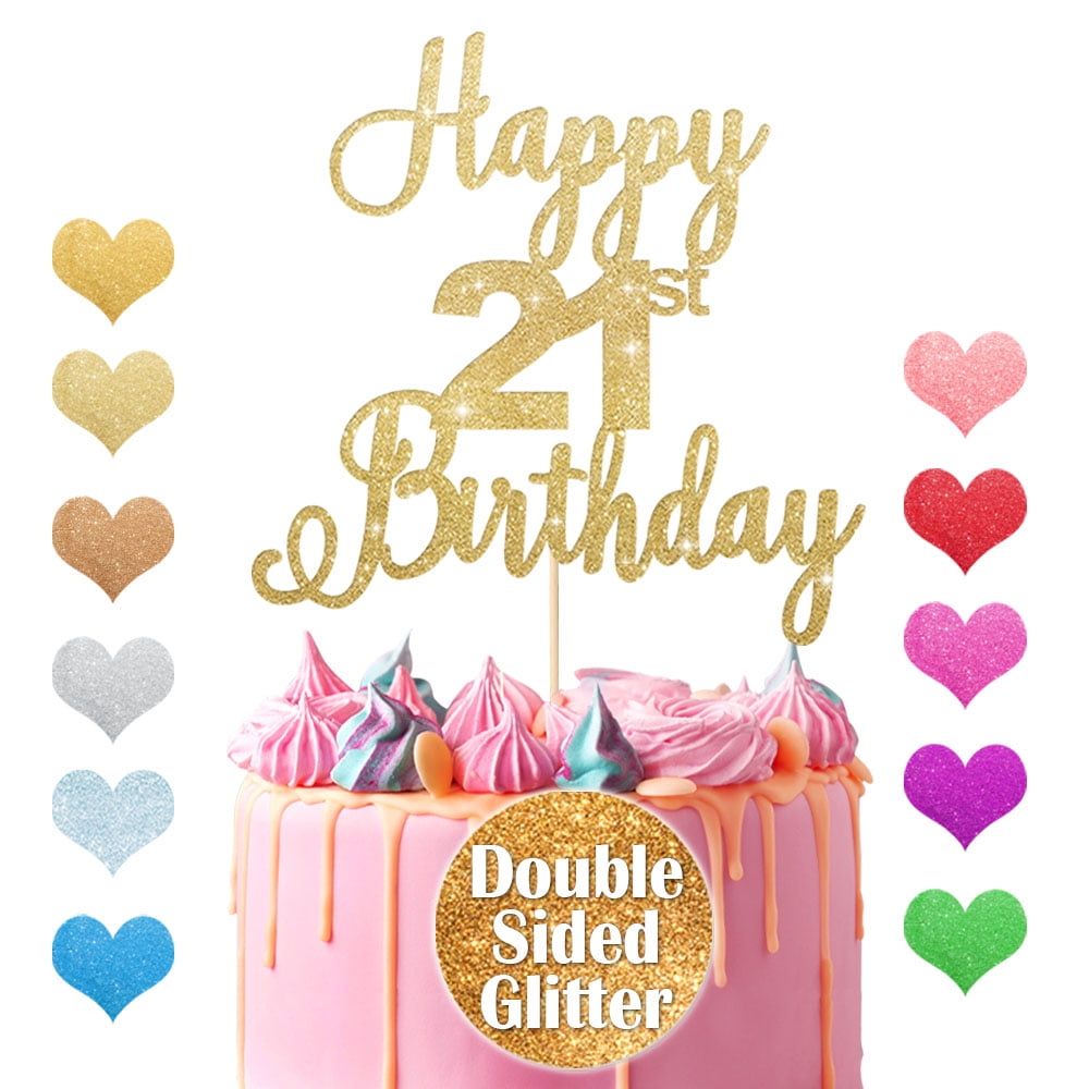 21st Birthday Cake Topper - Cheers To 21 Years Gold Glitter Cake Pick Decoration For Party, Anniversary, Celebration