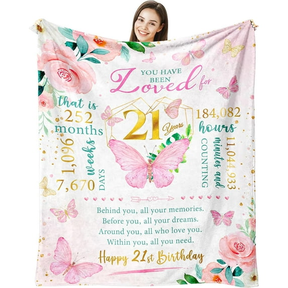 Happy 21st Birthday Gifts for Women, Gifts for 21st Birthday Female, 21 Year Old Birthday Gifts for Her, Girls 21st Birthday Gift Ideas, 21st Bday Presents for Daughter Throw Blanket 50x60
